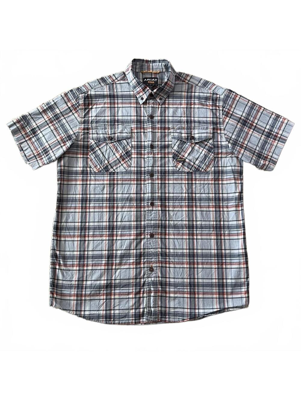 Ariat Rebar Mens Short Sleeve Button Down Shirt Gray Orange Plaid Size Large